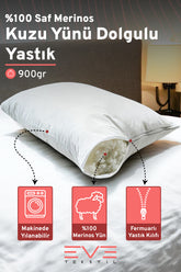 %100 Merinos Kuzu Yünlü Antialerjik Yıkanabilir Fermuarlı Doğal Yastık 50x70 Cm 900 Gr
