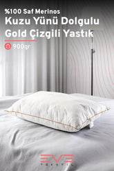 %100 Merinos Kuzu Yünlü Gold Çizgili Fermuarlı Doğal Yastık 50x70 Cm