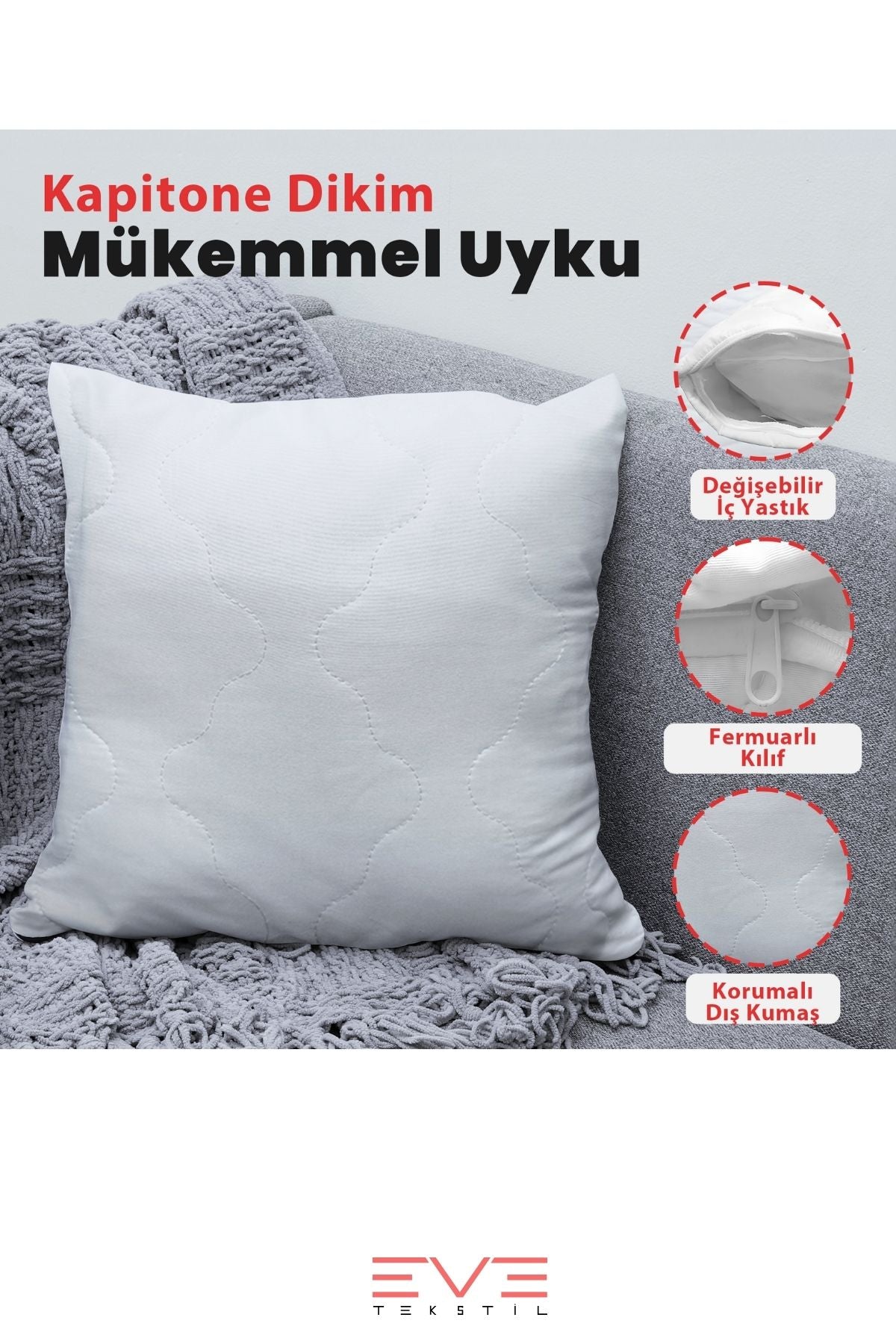 1 Adet 40X40 Cm Kapitone Koruyuculu Çıkarılabilir Fermuarlı Silikon Elyaf Rahat Ev Ve Otel Yastığı