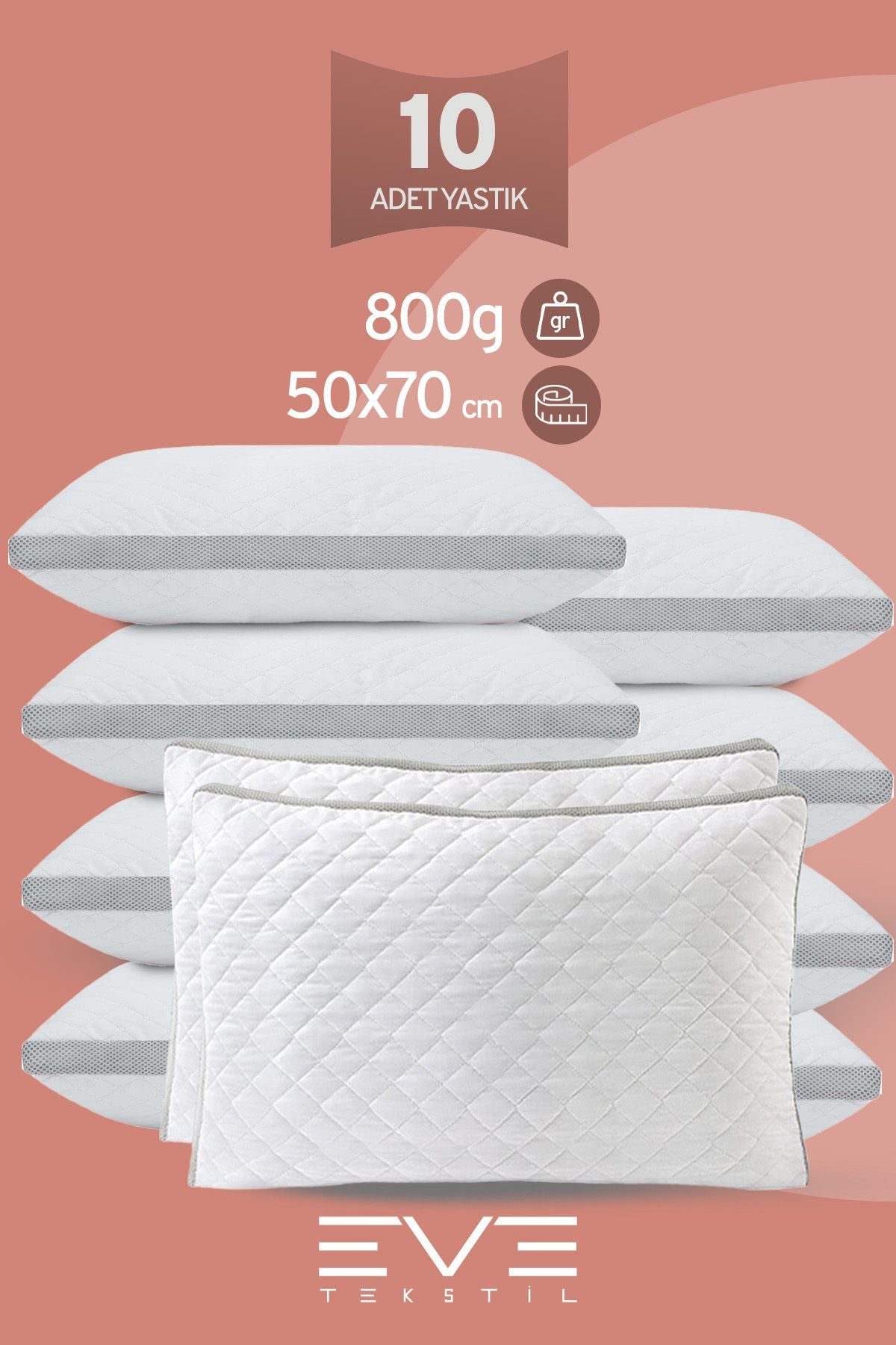 10 Adet Klimax Serisi Kılıflı Fermuarlı Klimali Antialerjik Silikon Elyaf Yastık 50x70cm 900 gr
