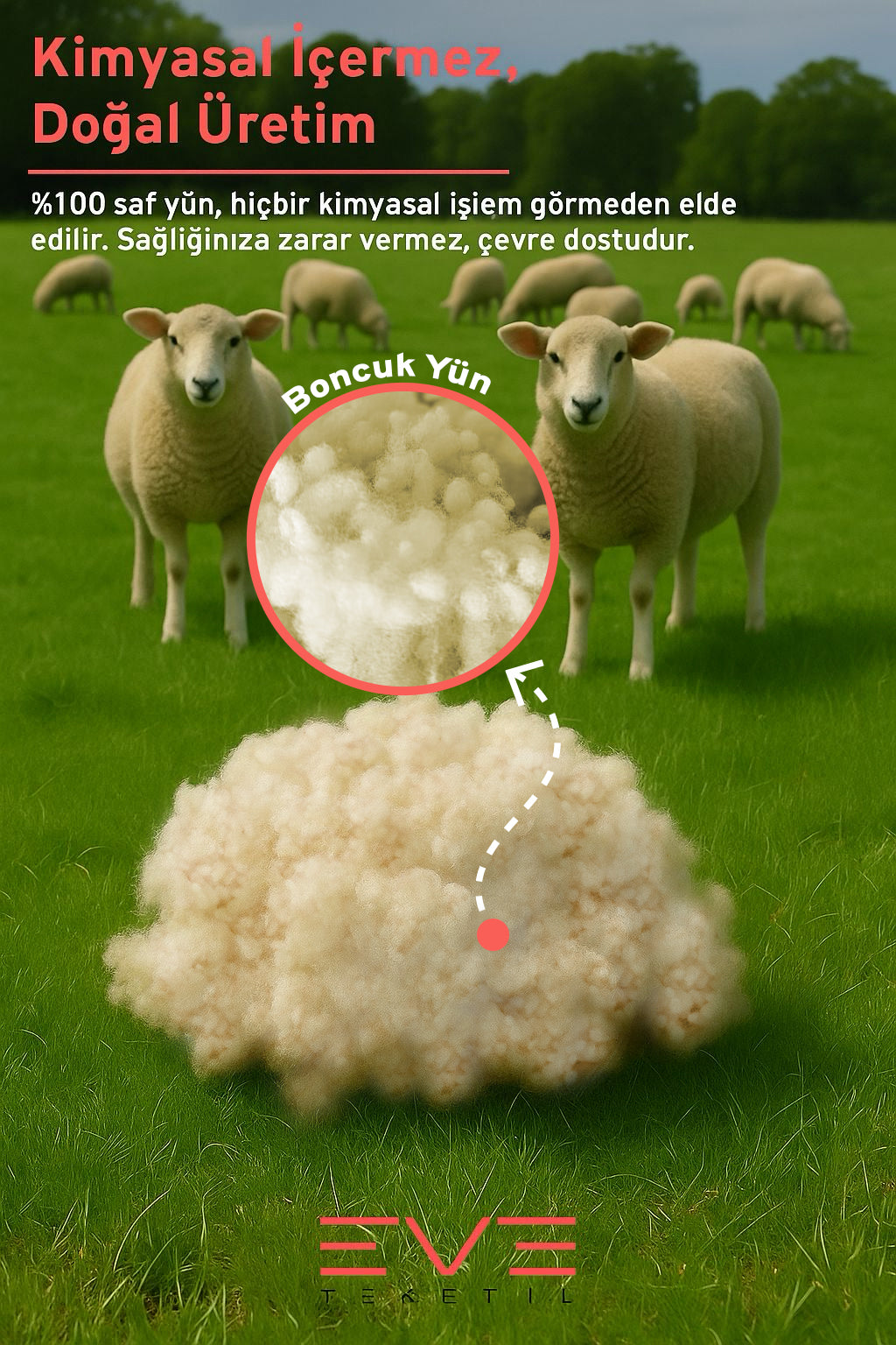 %100 Doğal Boncuk Merinos Kuzu Yünü 1 Kg