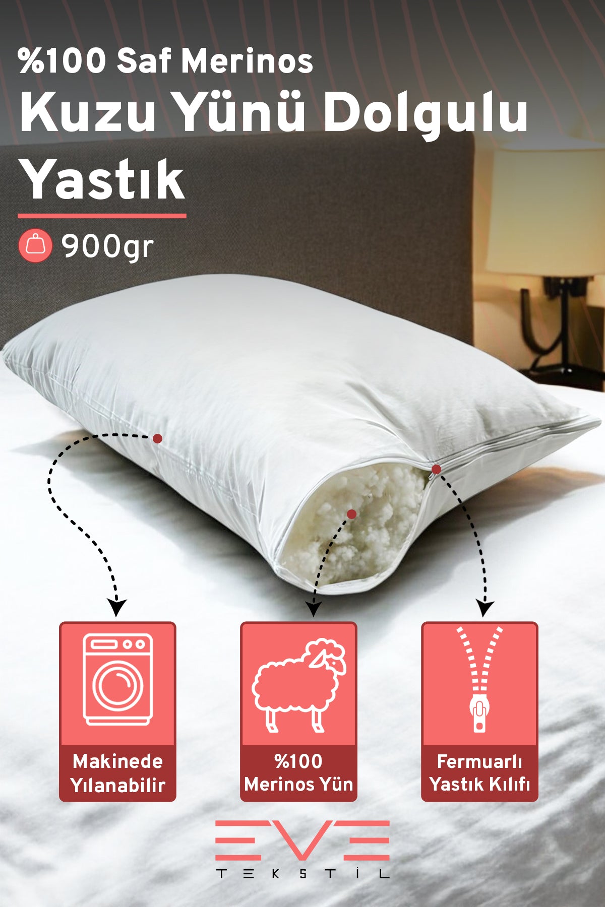 %100 Merinos Kuzu Yünlü Antialerjik Yıkanabilir Fermuarlı Doğal Yastık 50x70 Cm 900 Gr