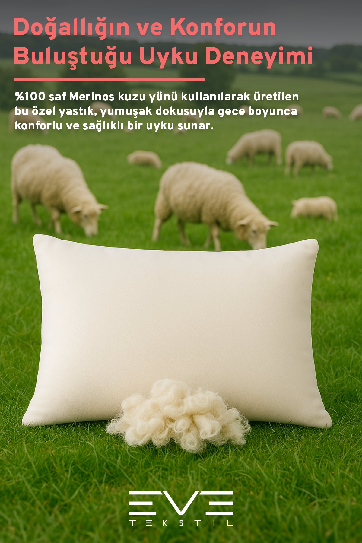 %100 Merinos Kuzu Yünlü Antialerjik Yıkanabilir Fermuarlı Doğal Yastık 50x70 Cm 900 Gr