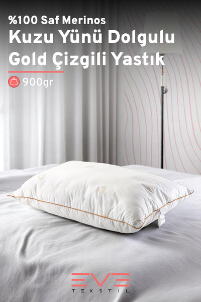 %100 Merinos Kuzu Yünlü Gold Çizgili Fermuarlı Doğal Yastık 50x70 Cm
