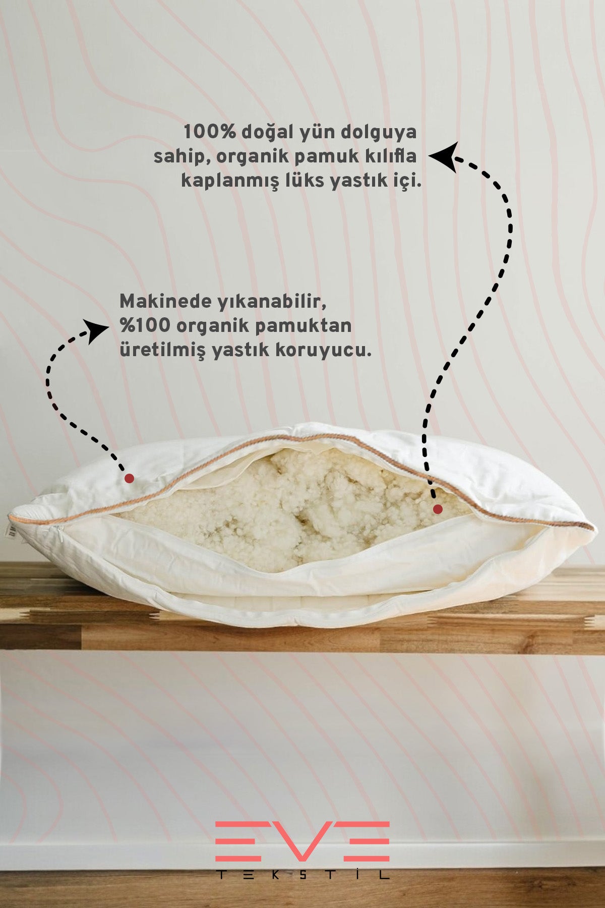 %100 Merinos Kuzu Yünlü Gold Çizgili Fermuarlı Doğal Yastık 50x70 Cm