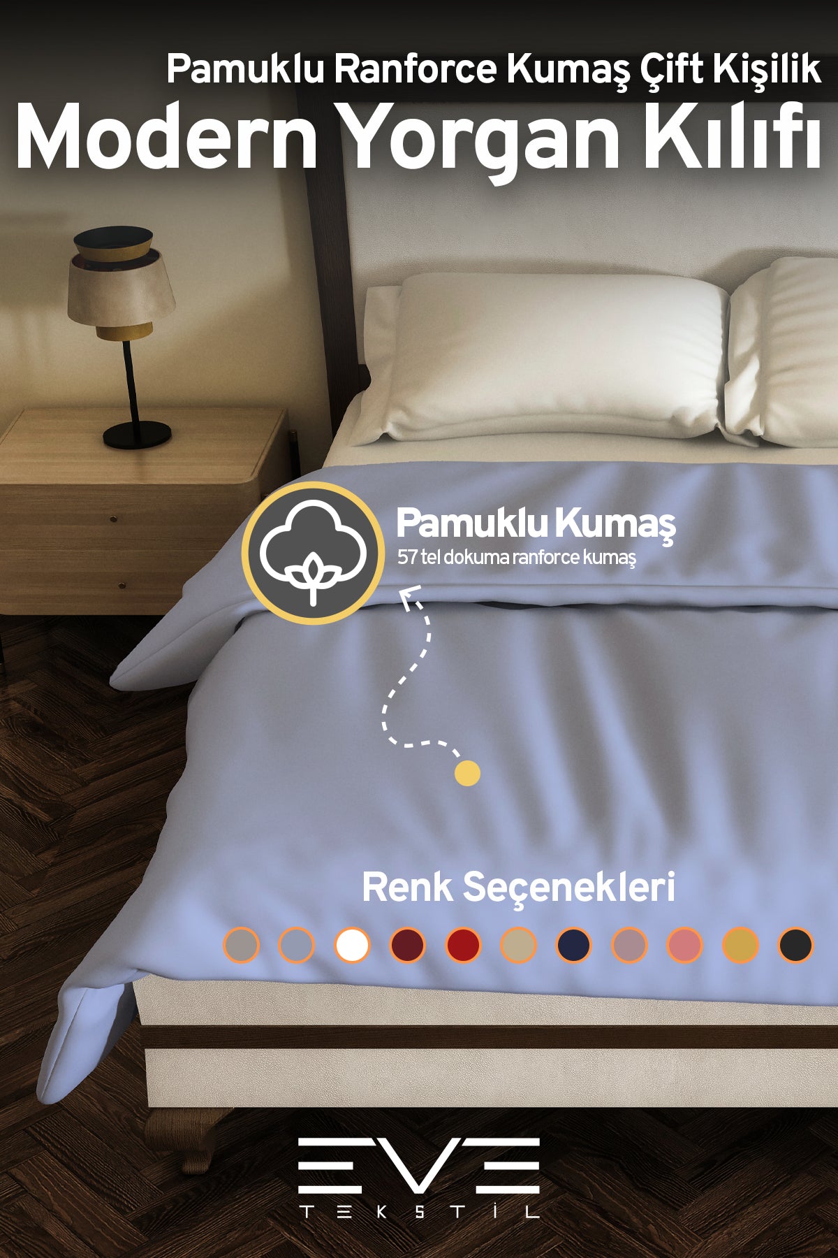 Pamuklu Ranforce Kumaş Çift Kişilik Antialerjik Modern Nevresim Yorgan Kılıfı 220x240 Cm