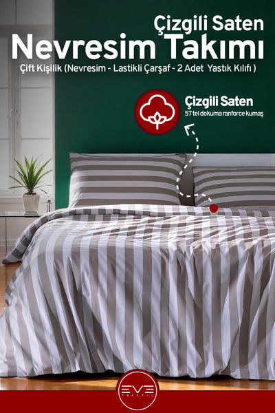 Lastikli Saten Çizgili Çift Kişilik Lüks Nevresim Takım
