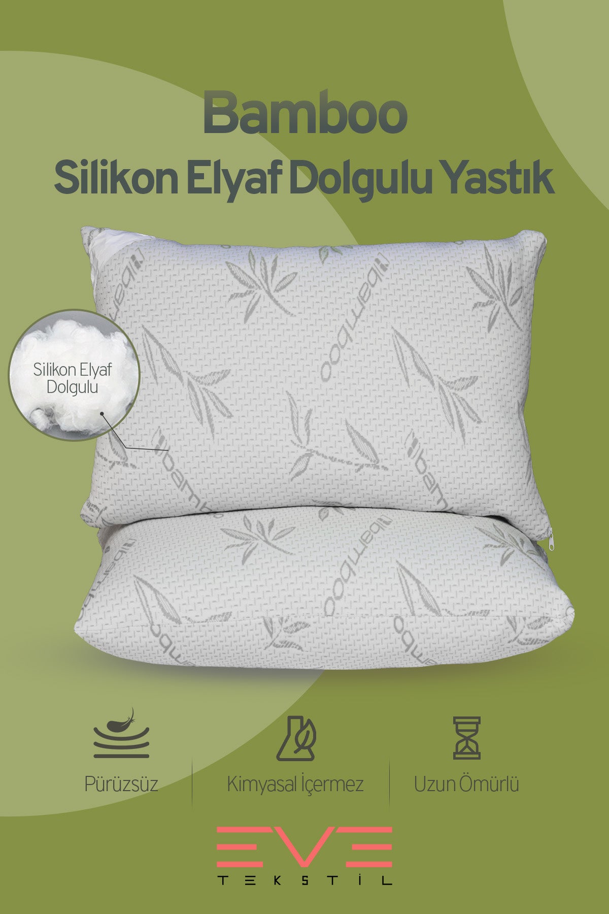 Bamboo Gri Serisi Kılıflı Antialerjik Fermuarlı Yıkanabilir Silikon Elyaf Yastık 50x70cm 800 gr