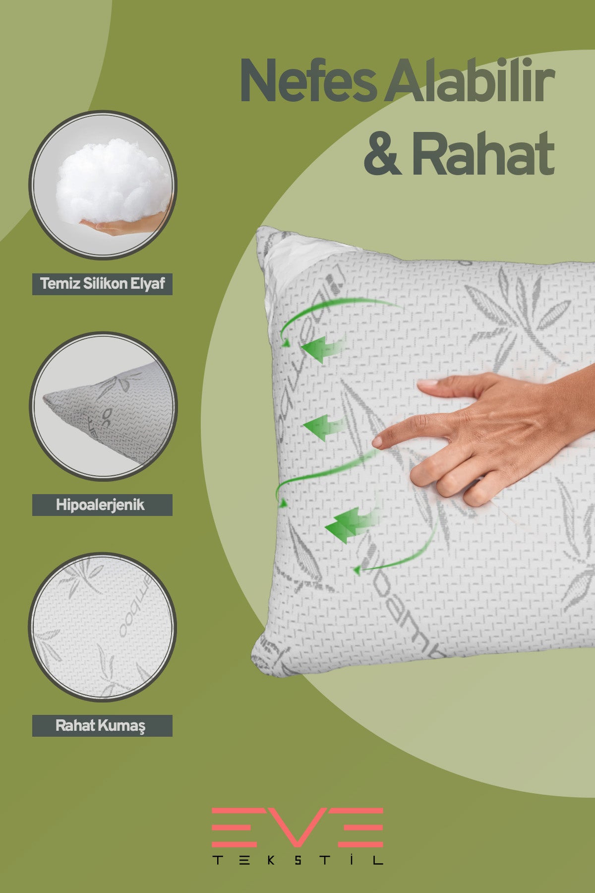 Bamboo Gri Serisi Kılıflı Antialerjik Fermuarlı Yıkanabilir Silikon Elyaf Yastık 50x70cm 800 gr