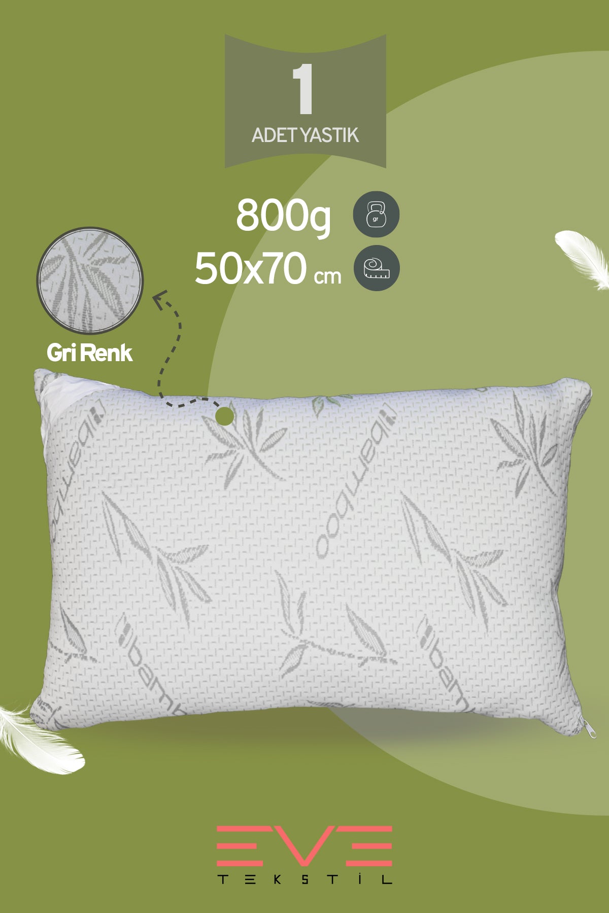 Bamboo Gri Serisi Kılıflı Antialerjik Fermuarlı Yıkanabilir Silikon Elyaf Yastık 50x70cm 800 gr