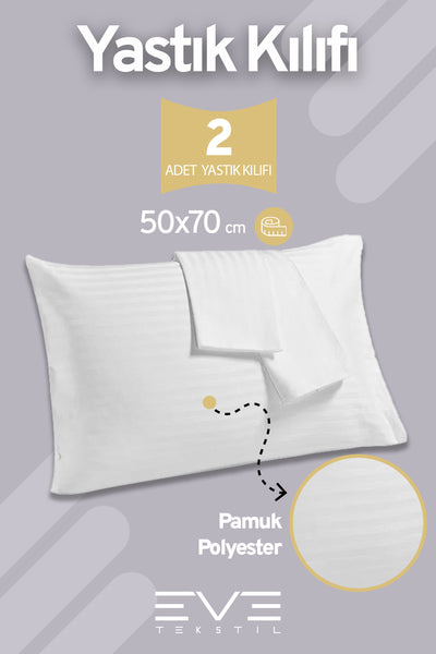 2 Adet Çizgili Pamuk Saten Antibakteriyel Fermuarlı Yıkanabilir Otel Lüks Yastık Kılıfı 50x70cm