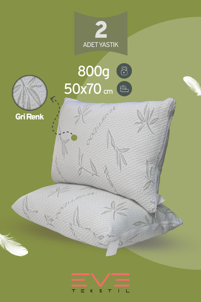 2 Adet Bamboo Gri Serisi Kılıflı Fermuarlı Yıkanabilir Antialerjik Silikon Elyaf Yastık 50x70cm 800 gr