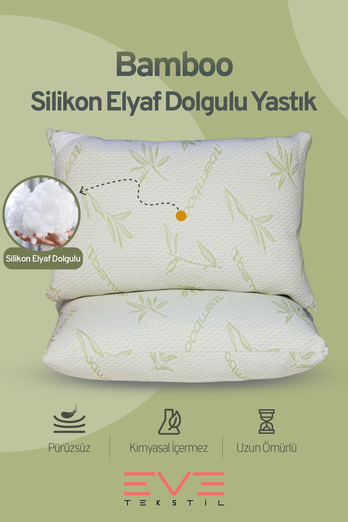 2 Adet Bamboo Serisi Kılıflı Fermuarlı Yıkanabilir Antialerjik Silikon Elyaf Yastık 50x70cm 800 gr