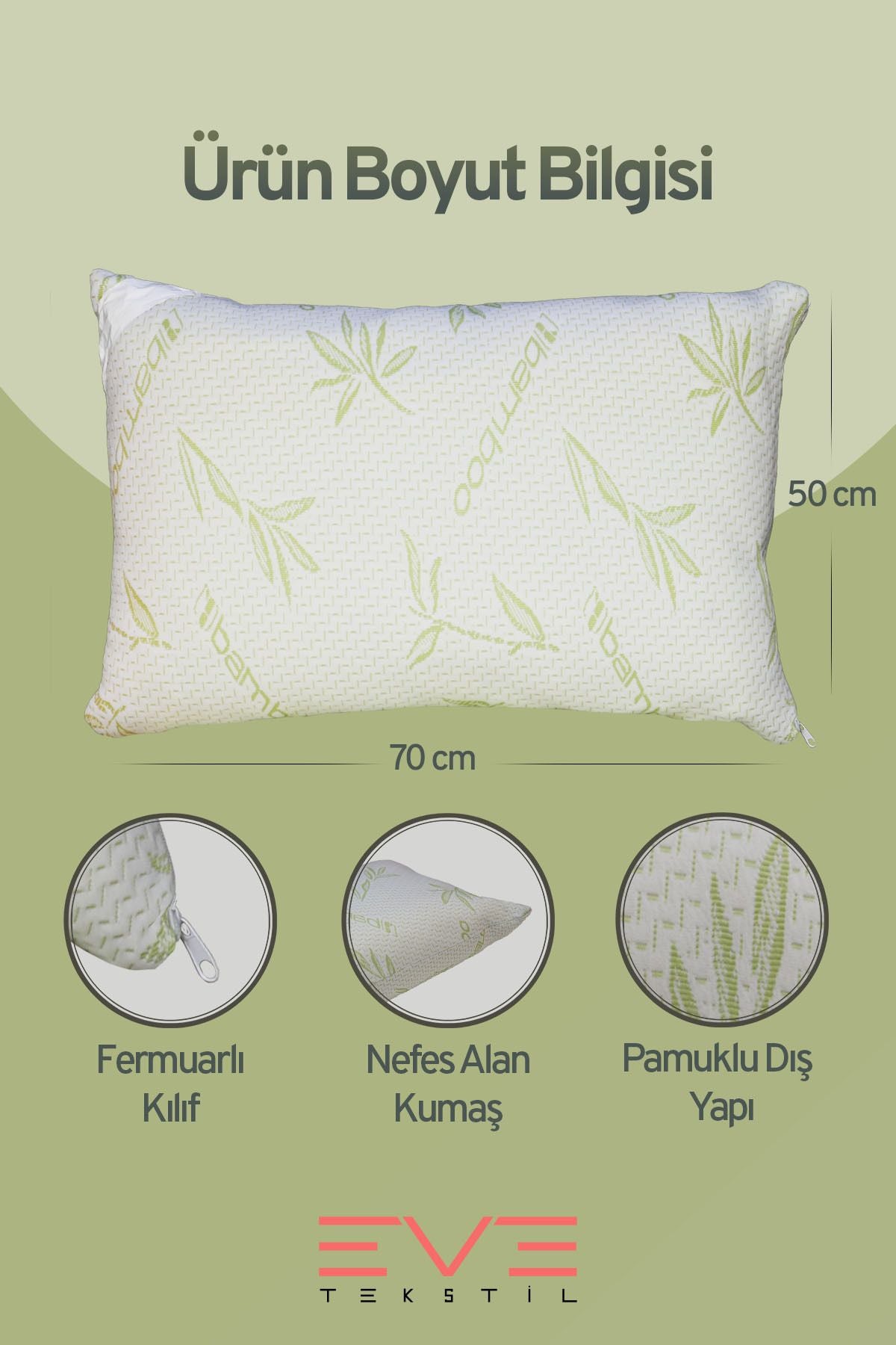 2 Adet Bamboo Serisi Kılıflı Fermuarlı Yıkanabilir Antialerjik Silikon Elyaf Yastık 50x70cm 800 gr