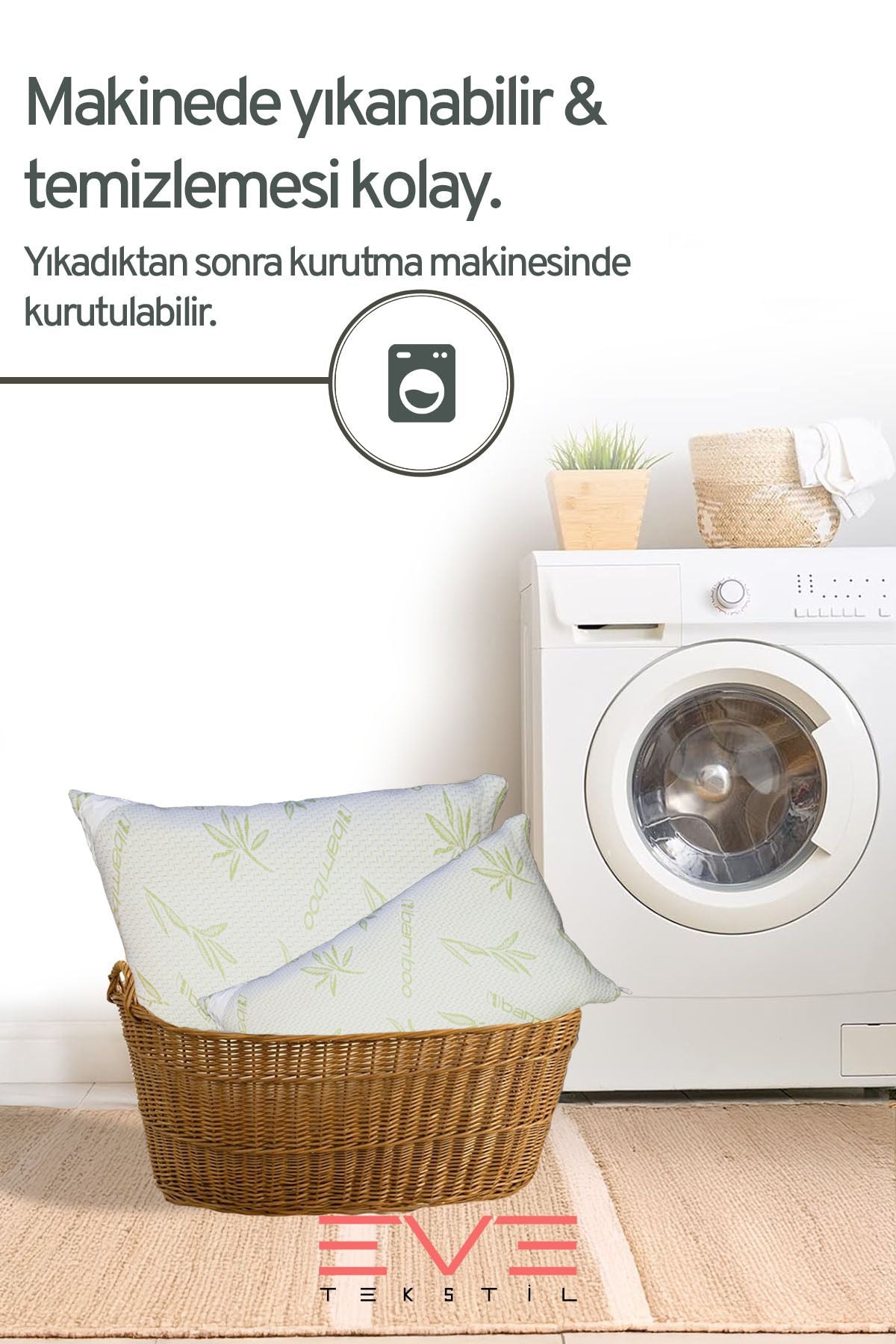 2 Adet Bamboo Serisi Kılıflı Fermuarlı Yıkanabilir Antialerjik Silikon Elyaf Yastık 50x70cm 800 gr