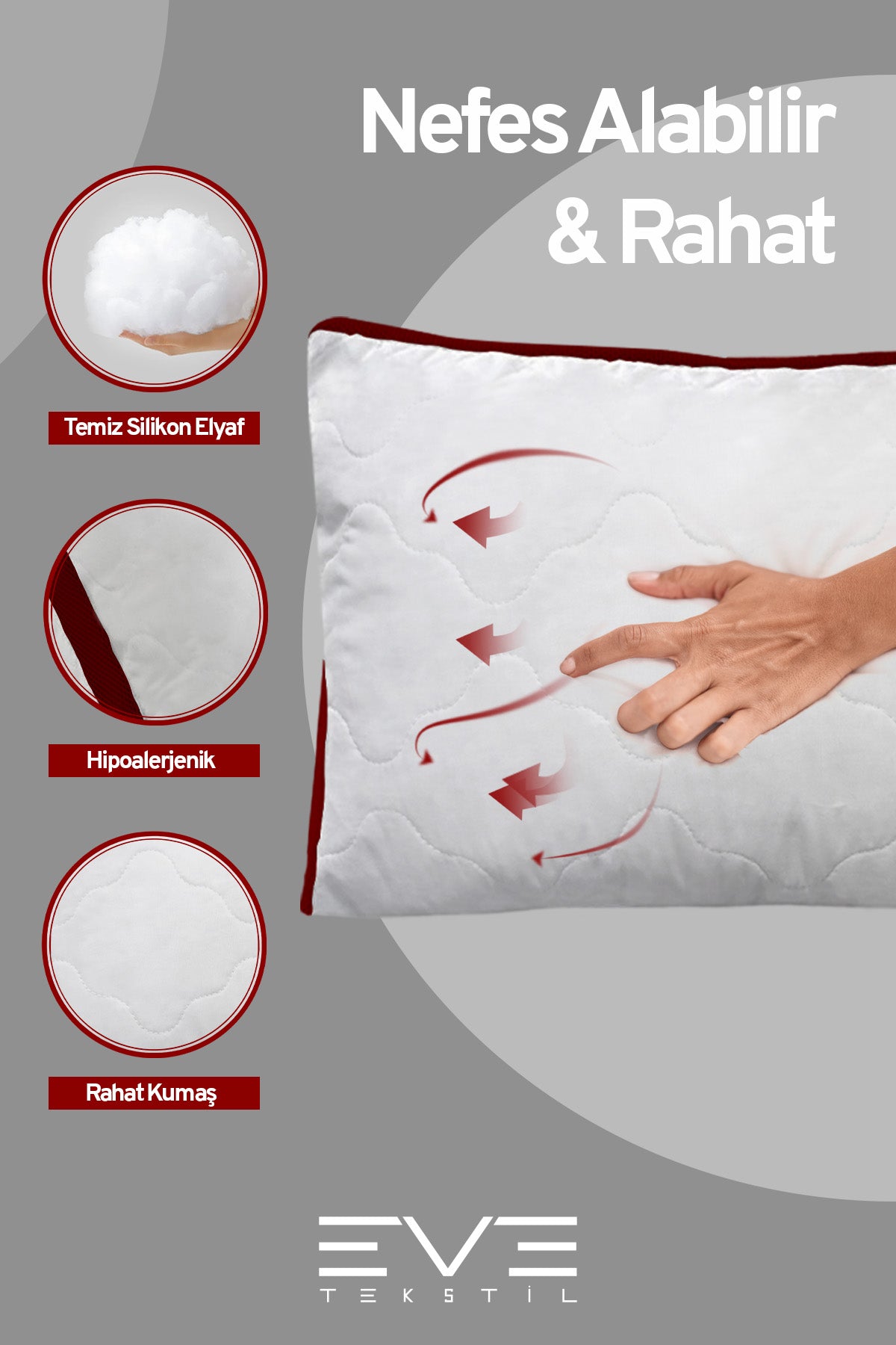 4 Adet Klimax Bordo Serisi Kılıflı Fermuarlı Klimali Antialerjik Silikon Nano Elyaf Yastık 50x70cm