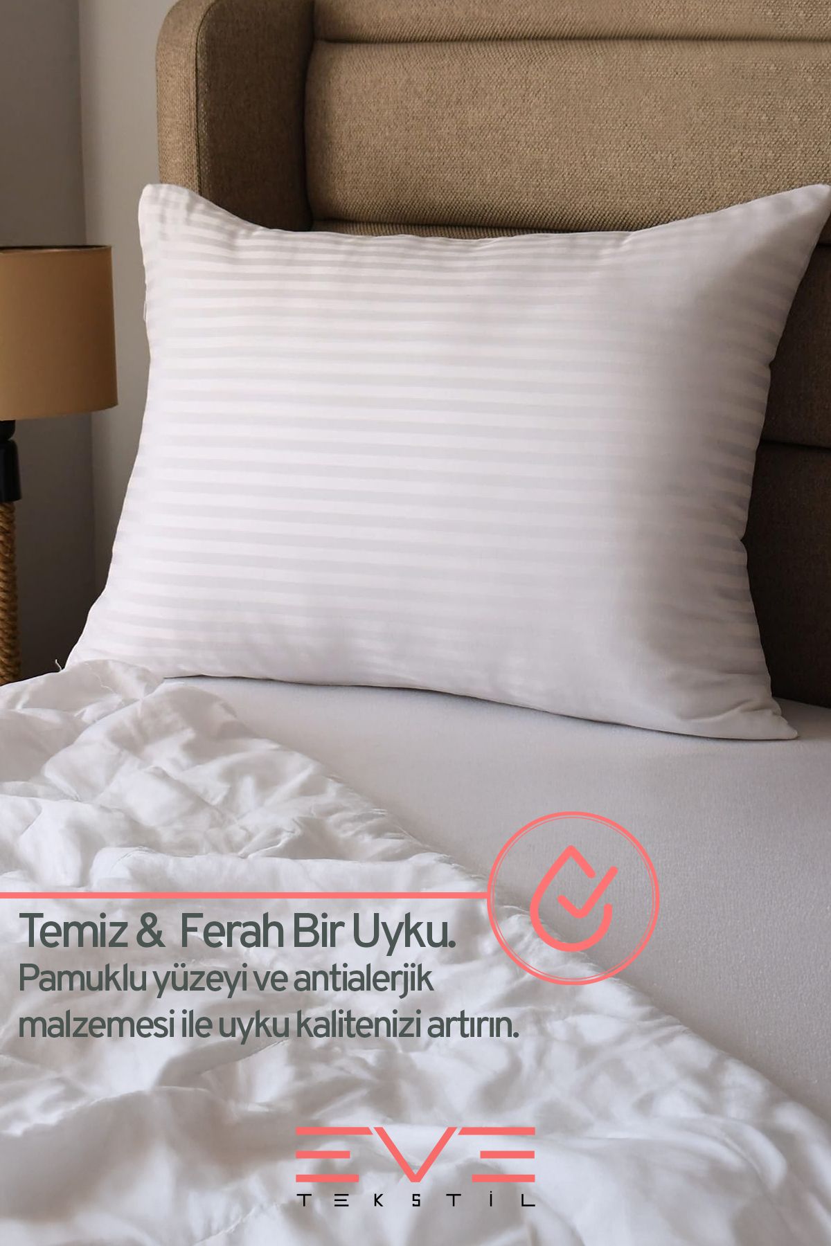 2 Adet Çizgili Saten Fermuarlı Antialerjik Yıkanabilir Silikon Elyaf Yüksek Dolgulu Yastık 900 gr