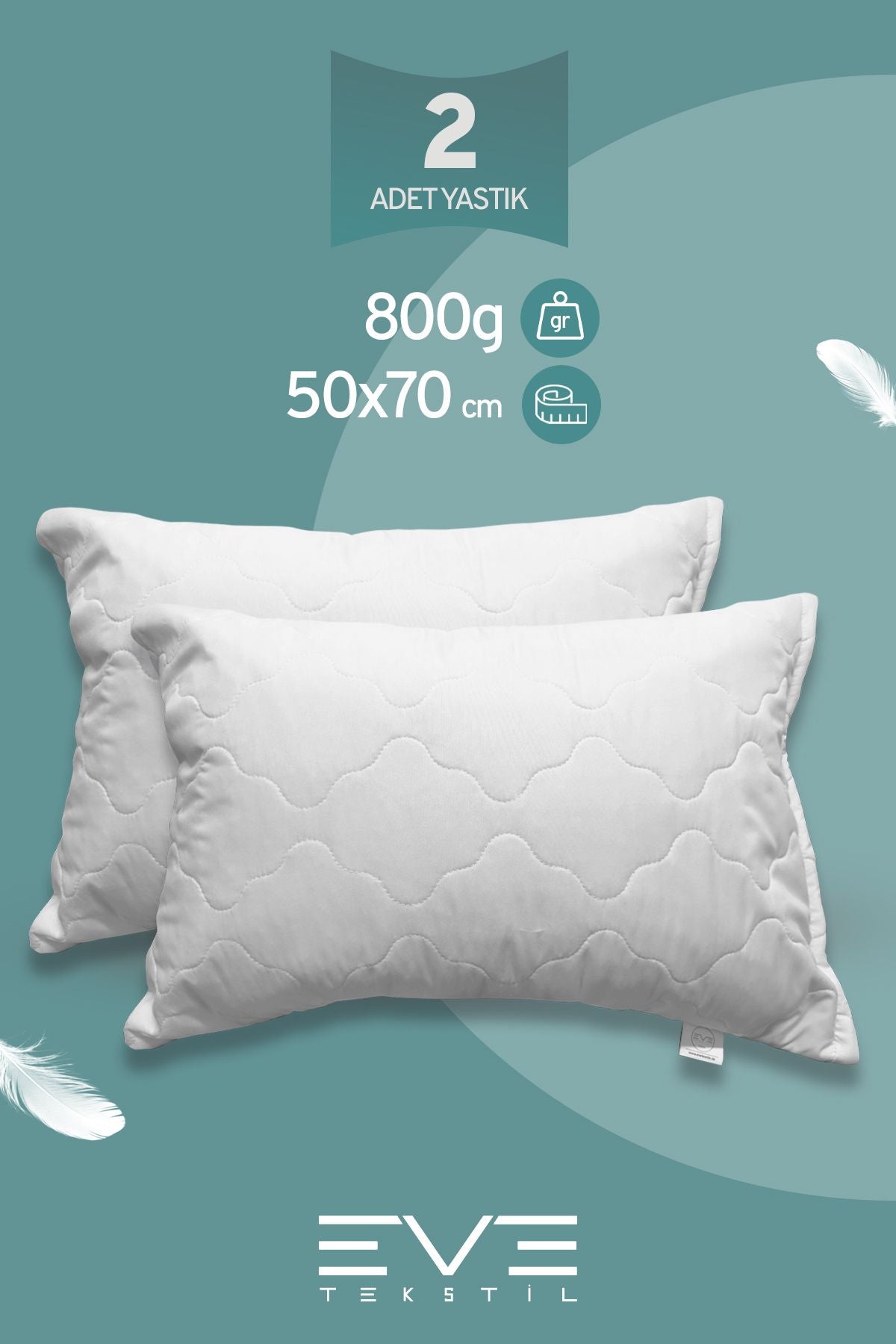 2 Adet Diamant Plus Kılıflı Fermuarlı Yıkanabilir Antialerjik Silikon Elyaf Yastık 50x70cm 800 gr