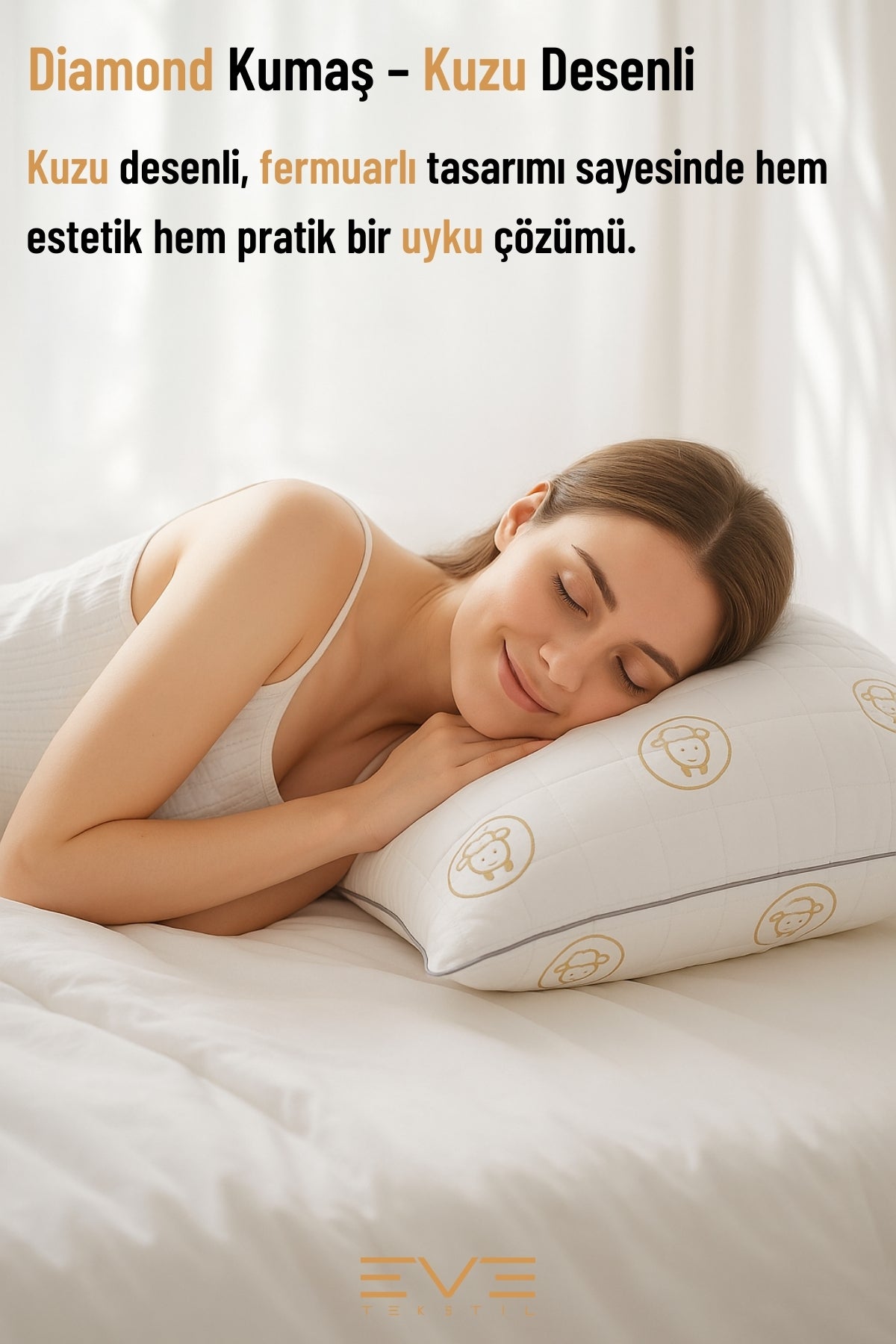 Fermuarlı Kuzu Desenli Diamond Antialerjik Yıkanabilir Nano Jel Yastık – 1000 gr (50x70 cm)