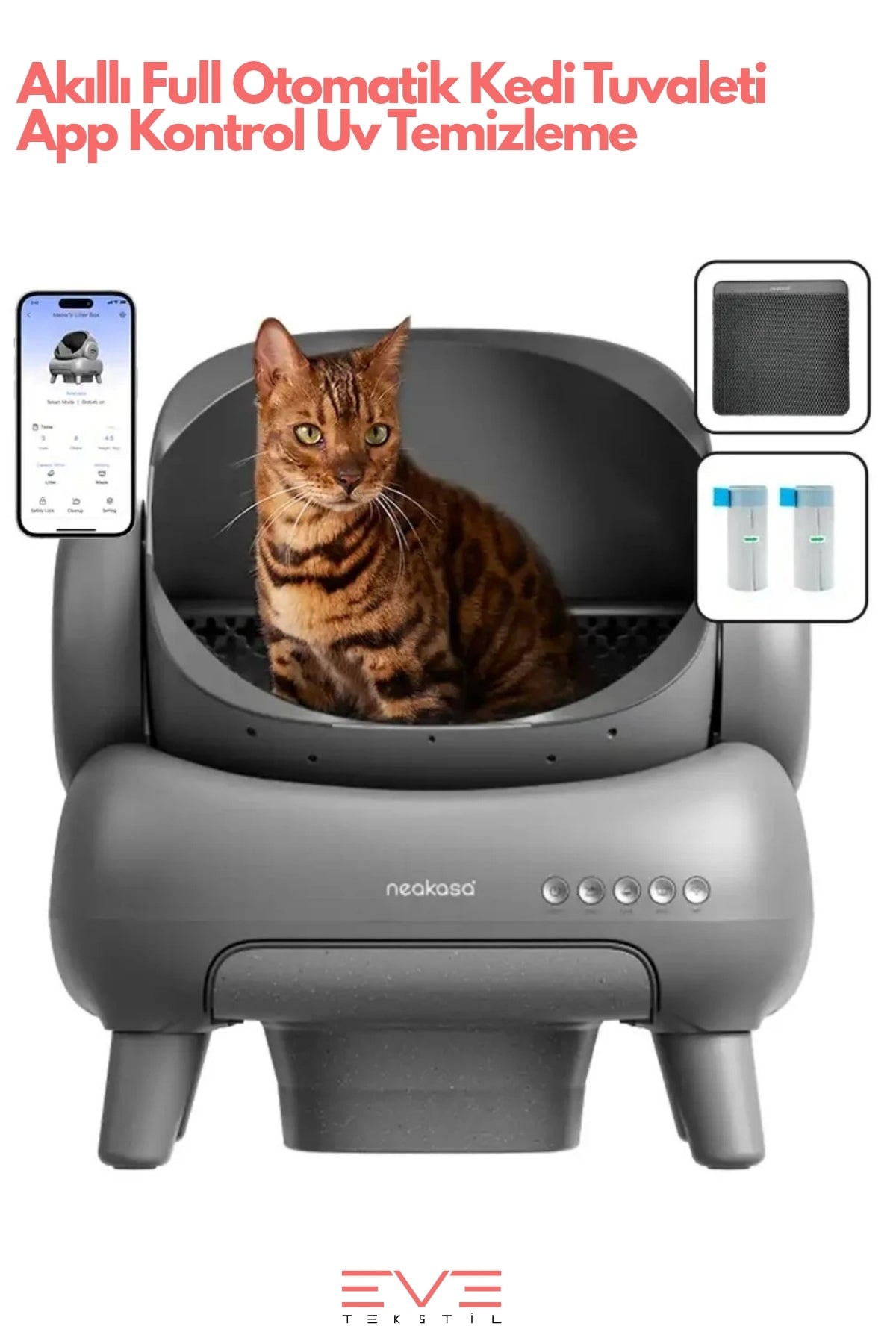 Elektronik Telefon Kontrollü Üstü Açık Kendi Kendini Temizleyen Akıllı Kedi Tuvaleti Kum Kabı