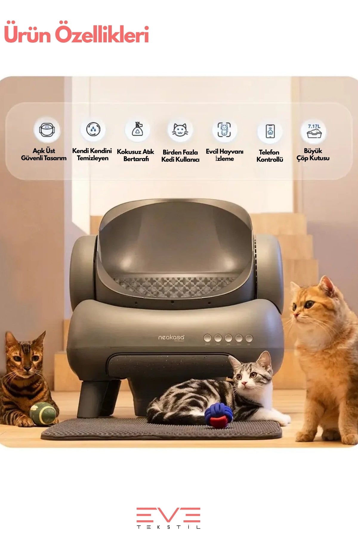 Elektronik Telefon Kontrollü Üstü Açık Kendi Kendini Temizleyen Akıllı Kedi Tuvaleti Kum Kabı