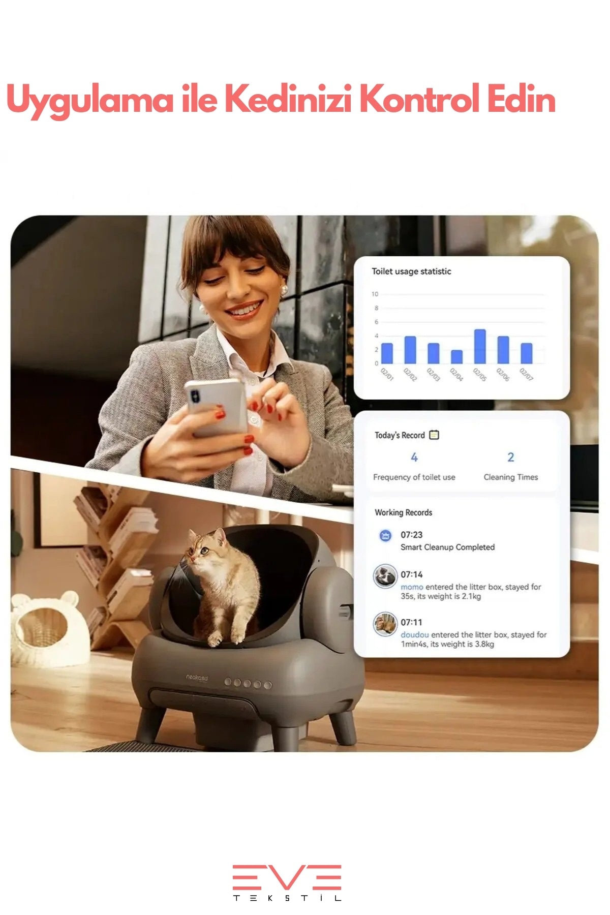 Elektronik Telefon Kontrollü Üstü Açık Kendi Kendini Temizleyen Akıllı Kedi Tuvaleti Kum Kabı