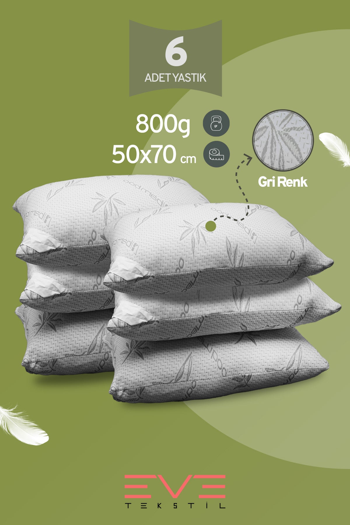 6 Adet Bamboo Gri Serisi Kılıflı Fermuarlı Yıkanabilir Antialerjik Silikon Elyaf Yastık 50x70cm 800 gr