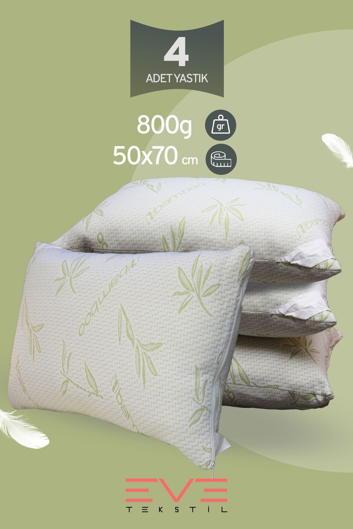 4 Adet Bamboo Serisi Kılıflı Fermuarlı Yıkanabilir Antialerjik Nano Elyaf Yastık 50x70cm 800 gr