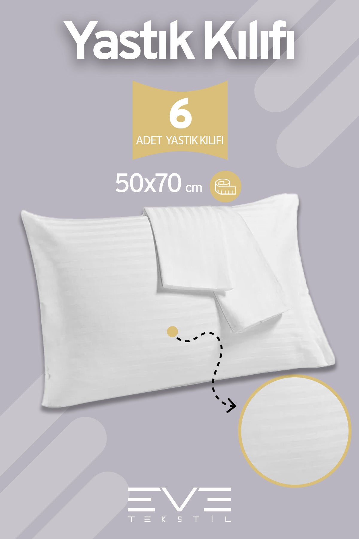 6 Adet Çizgili Pamuk Saten Antibakteriyel Fermuarlı Yıkanabilir Otel Lüks Yastık Kılıfı 50x70cm