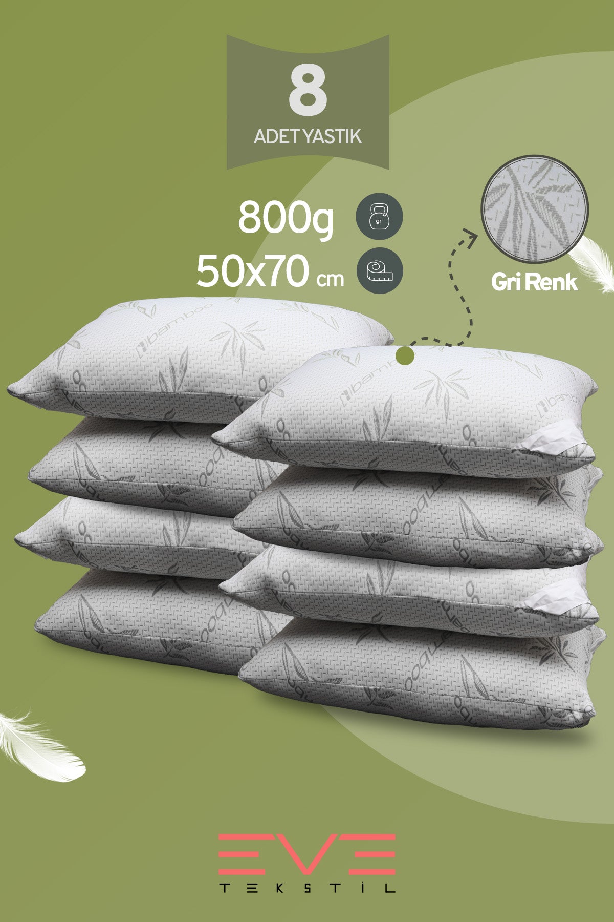8 Adet Bamboo Gri Serisi Kılıflı Fermuarlı Yıkanabilir Antialerjik Silikon Elyaf Yastık 50x70cm 800 gr