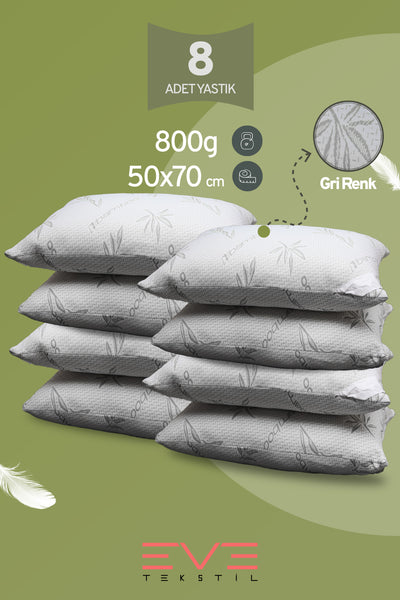 8 Adet Bamboo Gri Serisi Kılıflı Fermuarlı Yıkanabilir Antialerjik Silikon Elyaf Yastık 50x70cm 800 gr