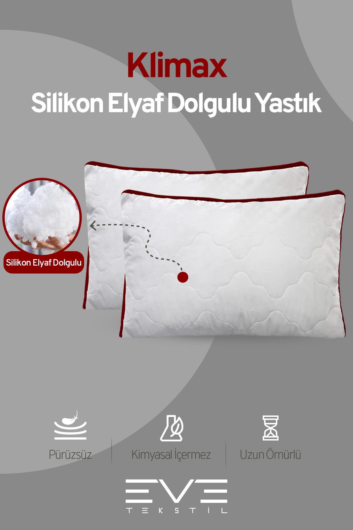 8 Adet Klimax Bordo Serisi Kılıflı Fermuarlı Klimali Antialerjik Silikon Nano Elyaf Yastık 50x70cm