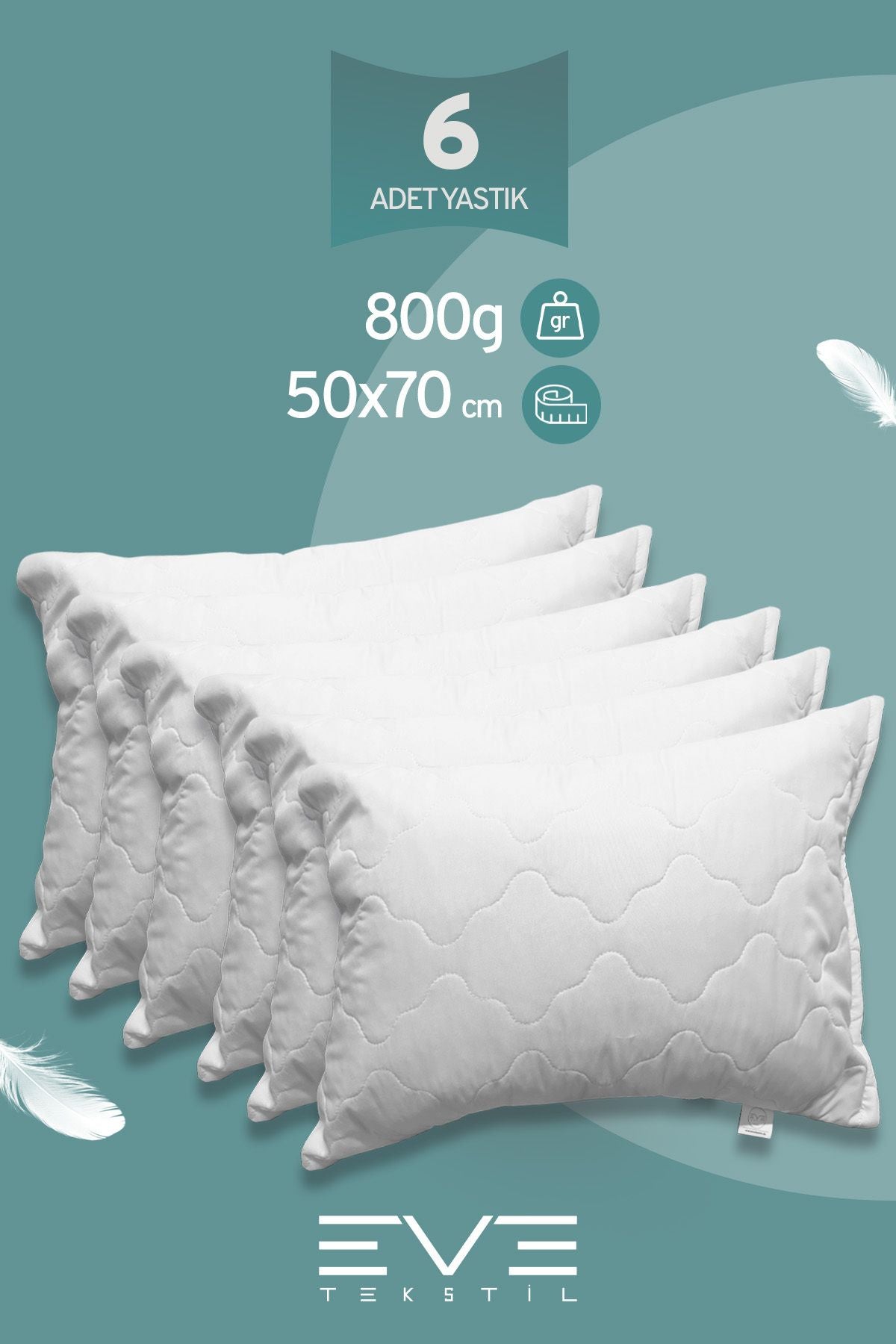 6 Adet Diamant Plus Kılıflı Fermuarlı Yıkanabilir Antialerjik Silikon Elyaf Yastık 50x70cm 800 gr