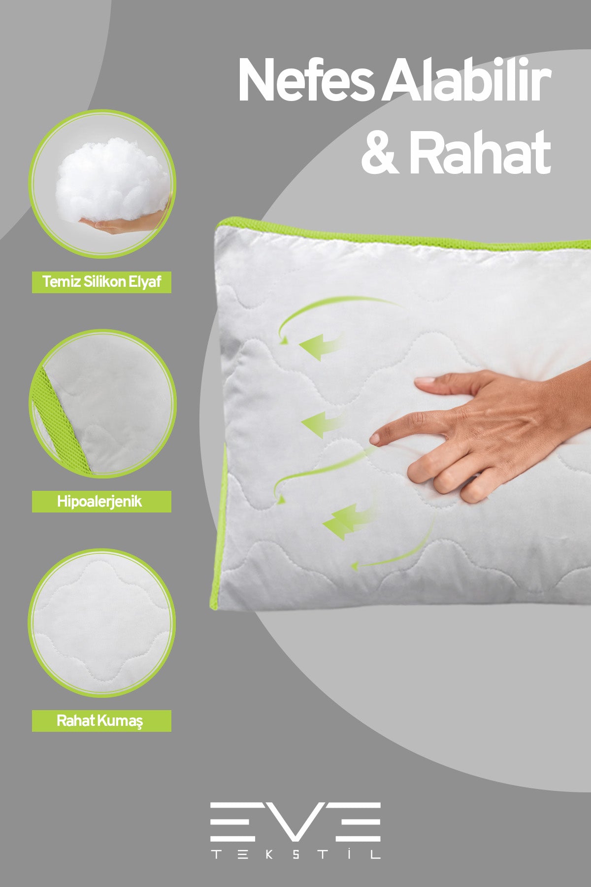 8 Adet Yeşil Serisi Kılıflı Fermuarlı Klimali Antialerjik Silikon Nano Elyaf Yastık 50x70cm