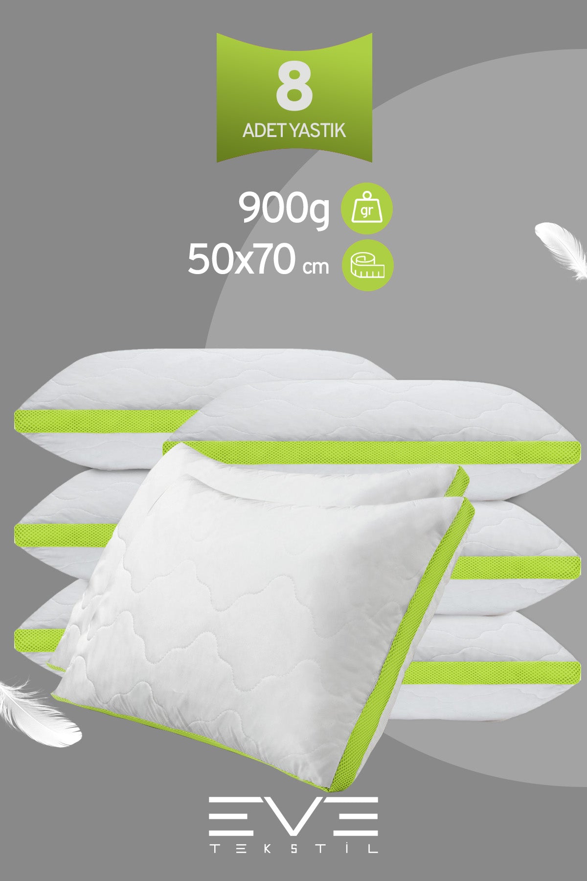 8 Adet Yeşil Serisi Kılıflı Fermuarlı Klimali Antialerjik Silikon Nano Elyaf Yastık 50x70cm