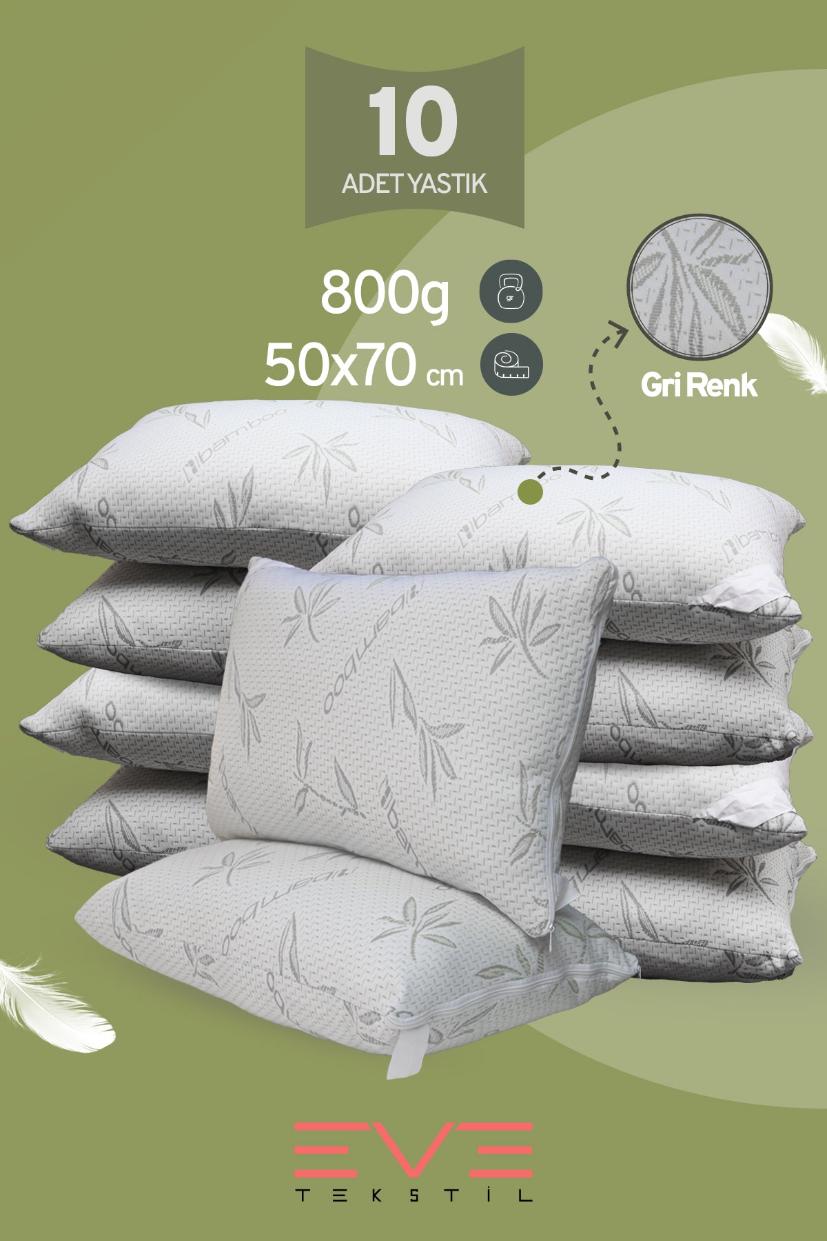 10 Adet Bamboo Gri Serisi Kılıflı Fermuarlı Yıkanabilir Antialerjik Silikon Elyaf Yastık 50x70cm 800 gr
