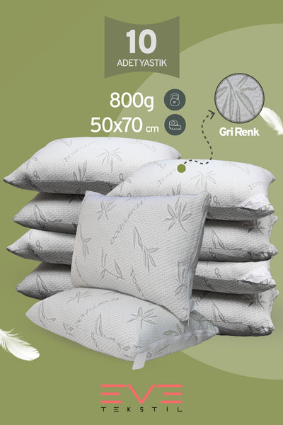 10 Adet Bamboo Gri Serisi Kılıflı Fermuarlı Yıkanabilir Antialerjik Silikon Elyaf Yastık 50x70cm 800 gr