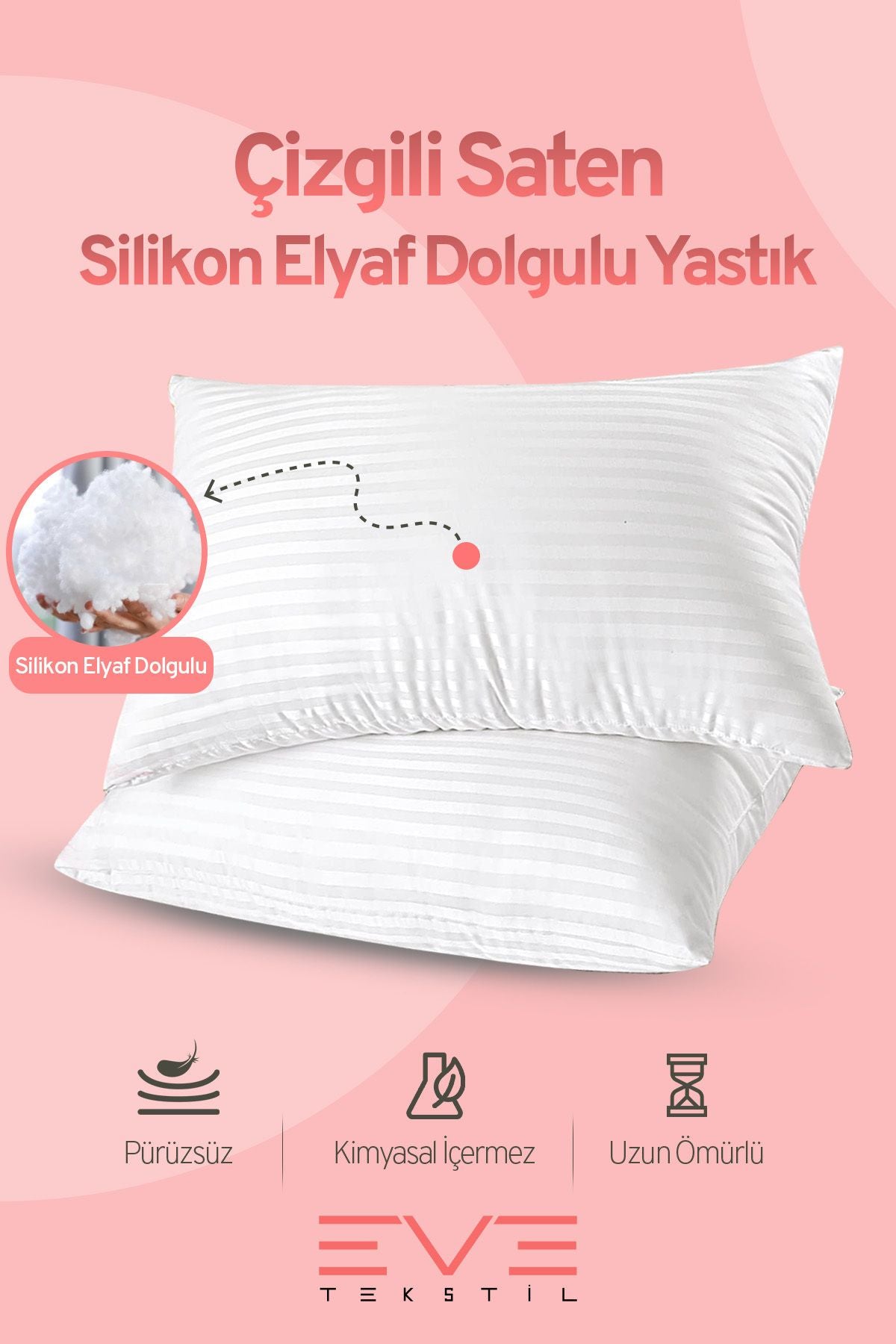10 Adet Çizgili Saten Fermuarlı Antialerjik Yıkanabilir Silikon Elyaf Yüksek Dolgulu Yastık 900 gr