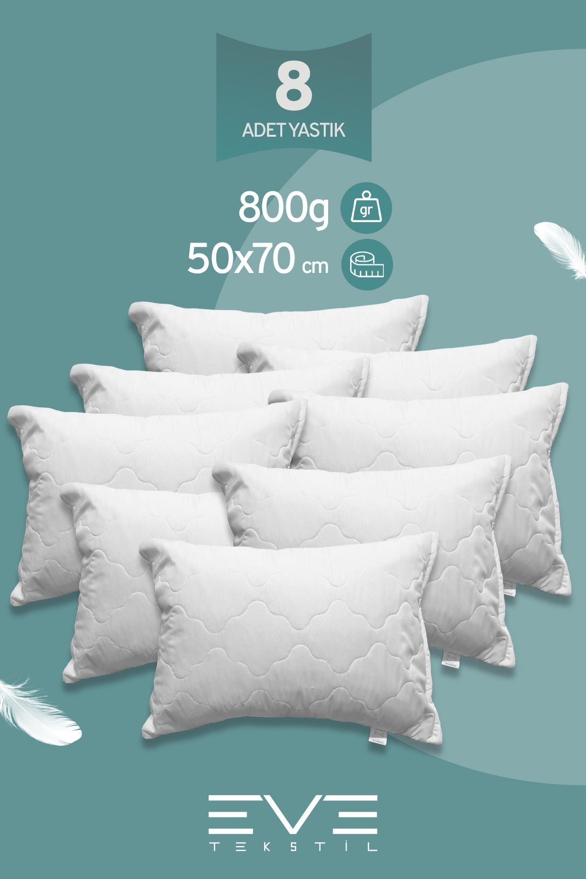 8 Adet Diamant Plus Kılıflı Fermuarlı Yıkanabilir Antialerjik Silikon Elyaf Yastık 50x70cm 800 gr