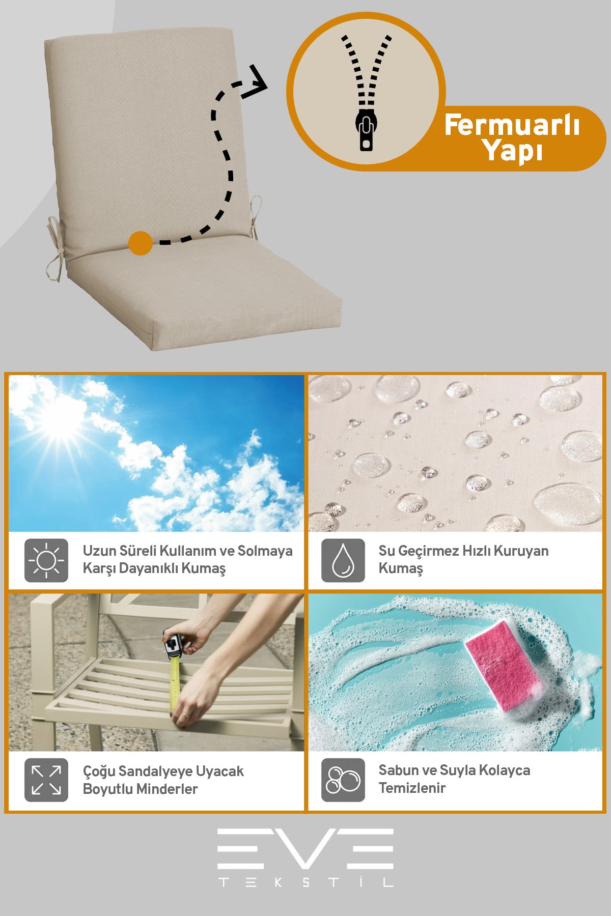 Bahçe - Salon - Balkon Arkalıklı Fermuarlı Bağlanabilir Yıkanabilir Sandalye Minderi 2 Adet