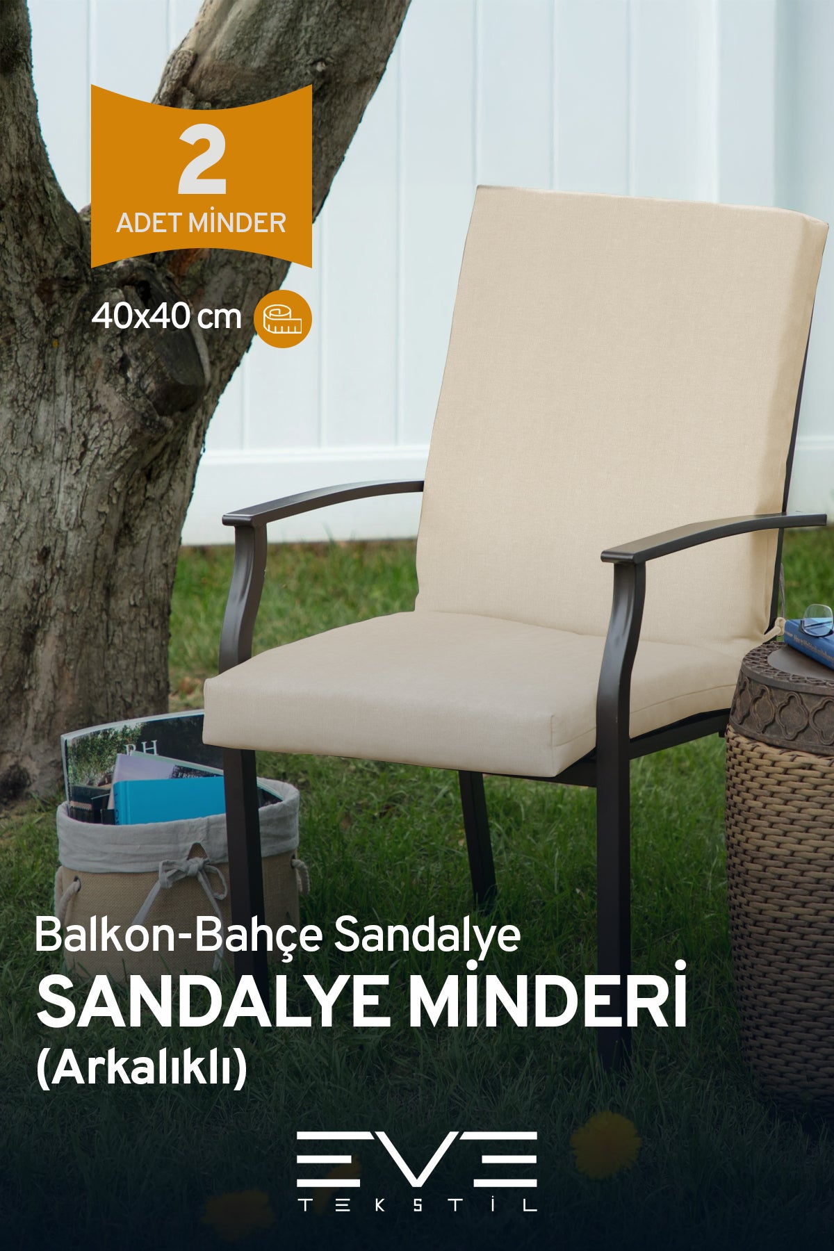 Bahçe - Salon - Balkon Arkalıklı Fermuarlı Bağlanabilir Yıkanabilir Sandalye Minderi 2 Adet