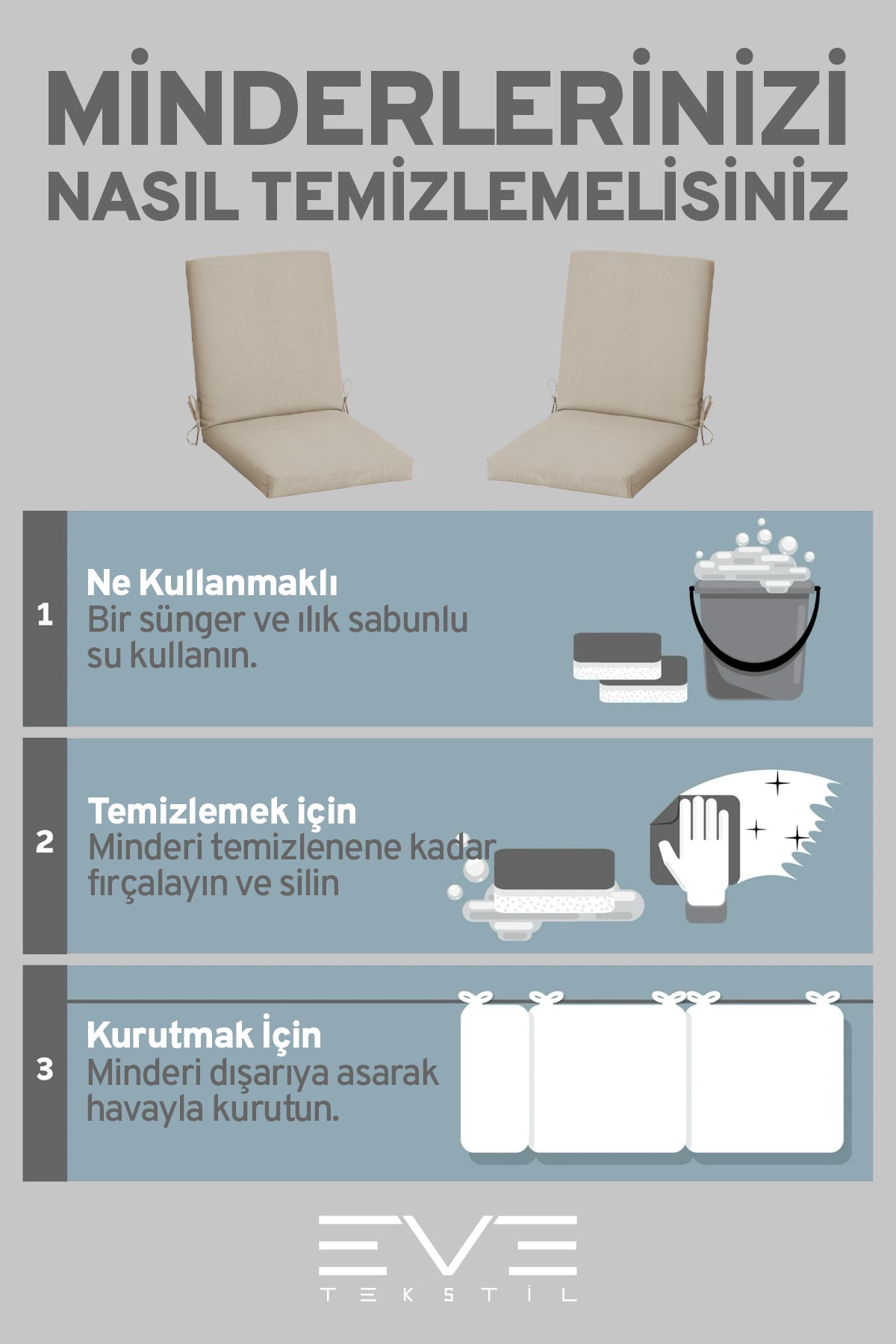 Bahçe - Salon - Balkon Arkalıklı Fermuarlı Bağlanabilir Yıkanabilir Sandalye Minderi 2 Adet