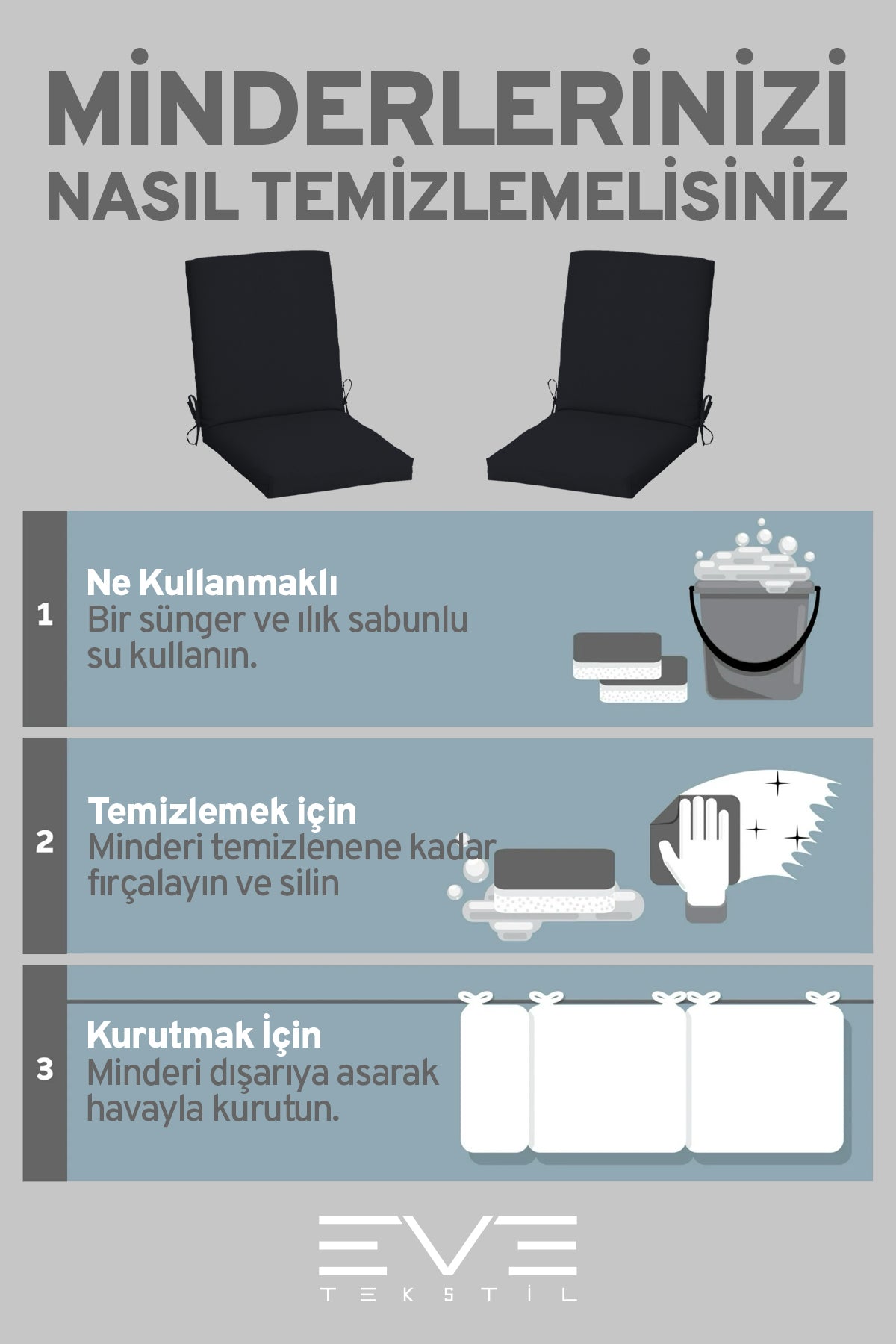 Bahçe - Salon - Balkon Arkalıklı Fermuarlı Bağlanabilir Yıkanabilir Sandalye Minderi 2 Adet
