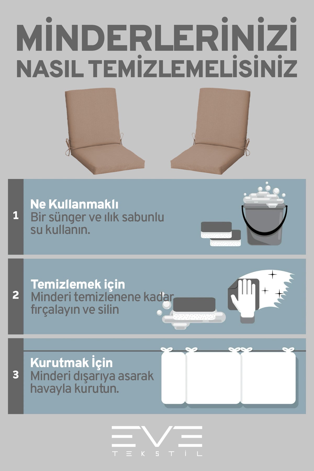 Bahçe - Salon - Balkon Arkalıklı Fermuarlı Bağlanabilir Yıkanabilir Sandalye Minderi 2 Adet