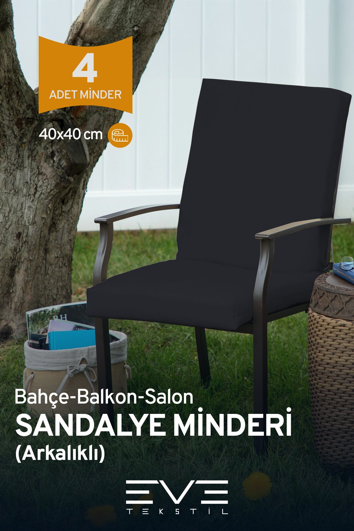 Bahçe - Salon - Balkon Arkalıklı Fermuarlı Bağlanabilir Yıkanabilir Sandalye Minderi 4 Adet