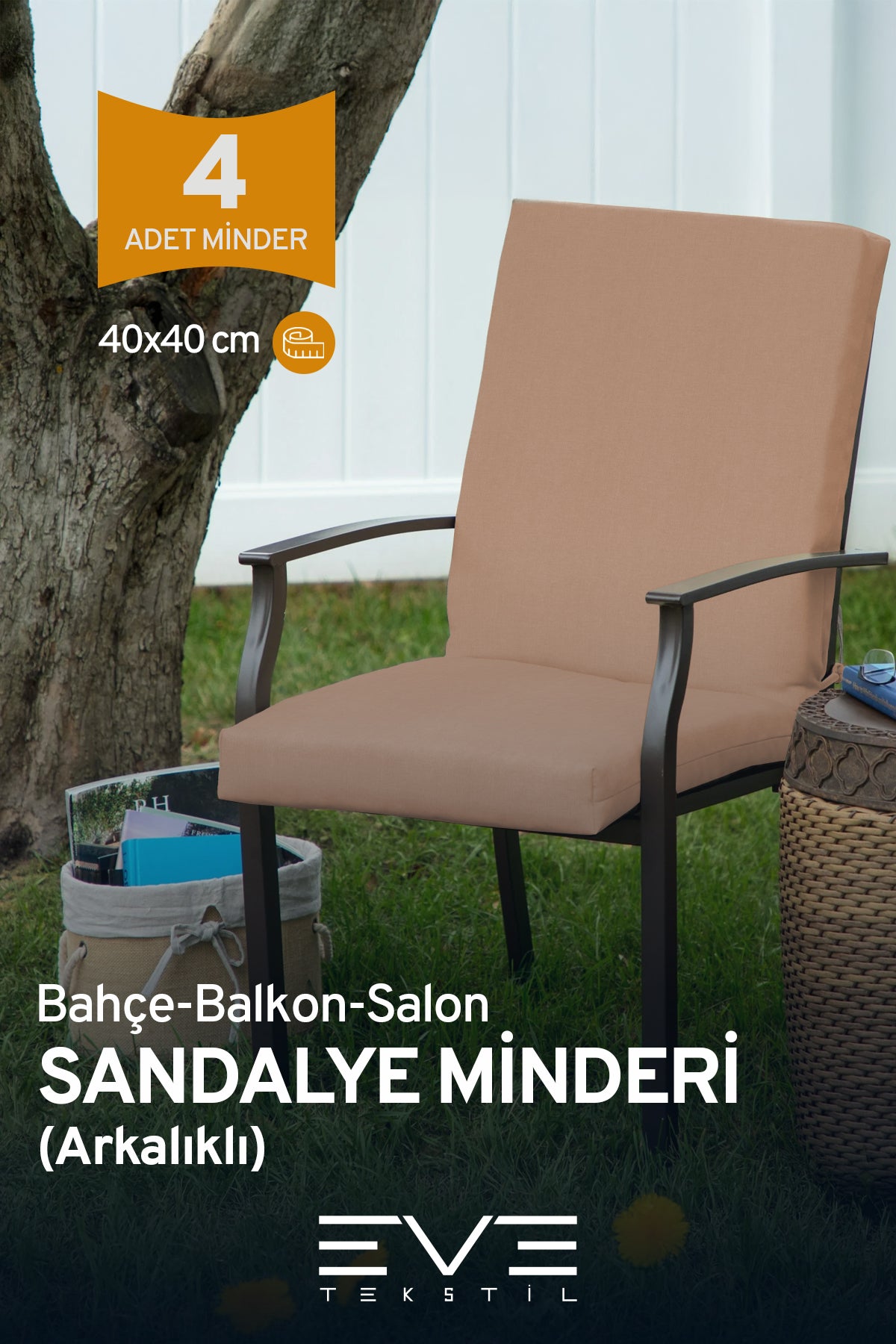 Bahçe - Salon - Balkon Arkalıklı Fermuarlı Bağlanabilir Yıkanabilir Sandalye Minderi 4 Adet