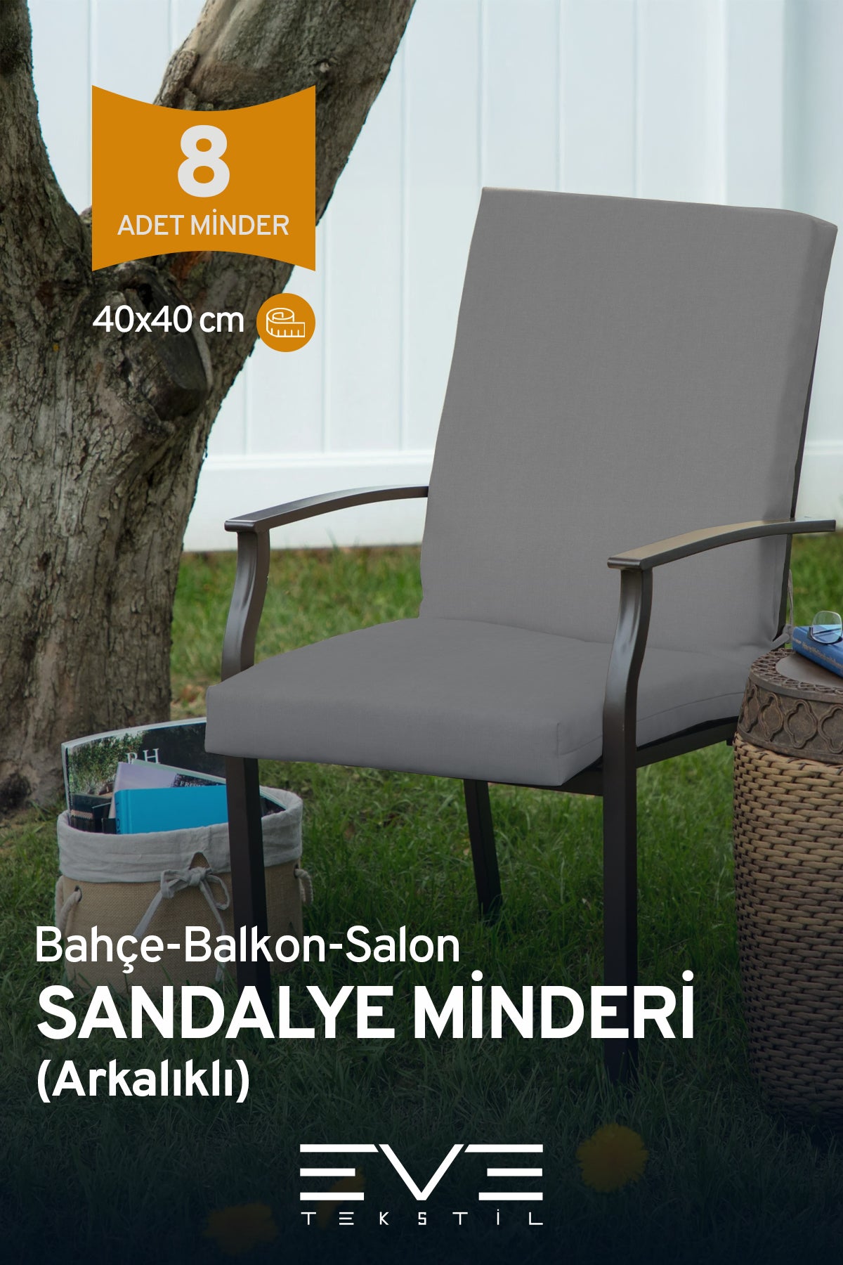 Bahçe - Salon - Balkon Arkalıklı Fermuarlı Bağlanabilir Yıkanabilir Sandalye Minderi 8 Adet