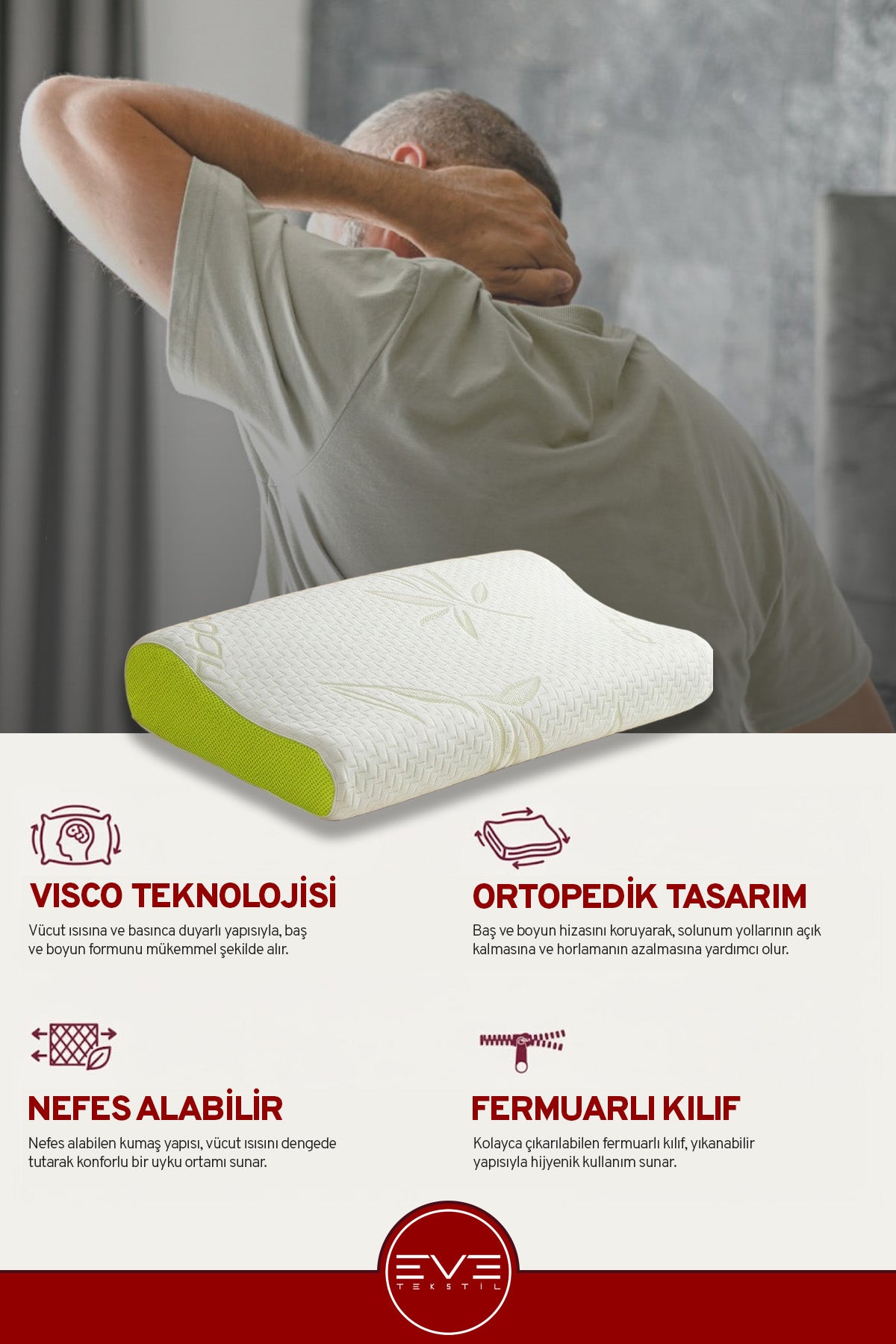 Bamboo Aura Fresh Green Ortopedik Visco Yastık (60x40x10 cm)