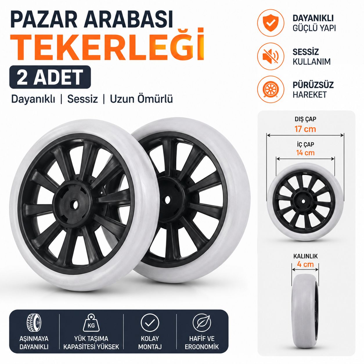 Çok Amaçlı Lüks Ses Yapmaz Pazar Arabası Tekerliği 17 Cm