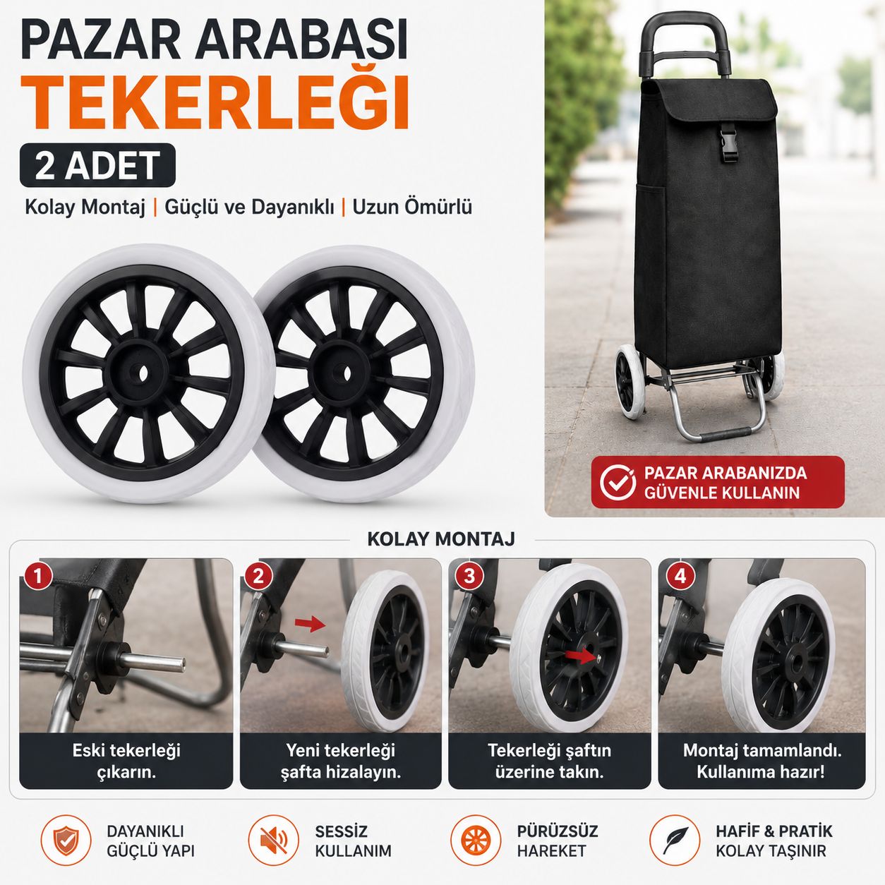 Çok Amaçlı Lüks Ses Yapmaz Pazar Arabası Tekerliği 17 Cm